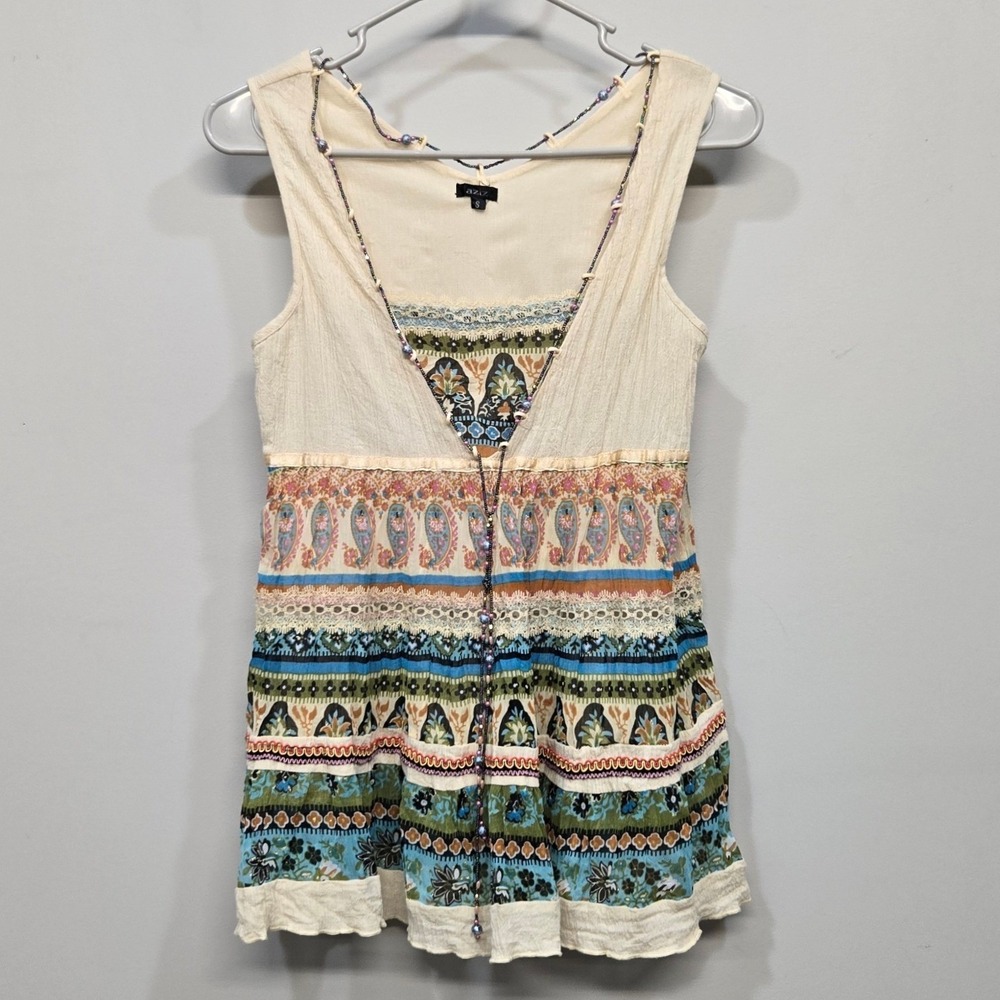 Vintage Y2K Boho Babydoll Patchwork Shirt Top Small Beaded Paisley Lace Romantic